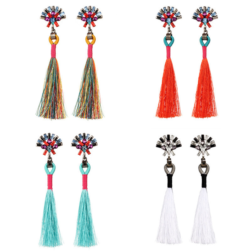 

New Women Wedding Long Earrings Boho Jewelry Girls Rero Cotton Fringe Tassel Dangle Drop Earring With Crystal HZ