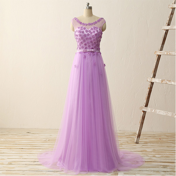 

Fabulous Lilac Prom Dresses Long Sheer Scoop Neck Capped Beaded 3D Flowers Appliques Soft Tulle Corset Back Sweep Train Evening Gown, Sage