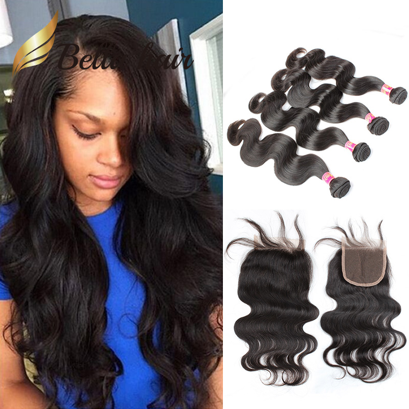 

Brazilian Virgin Hair Bundles With Closure Hair Weft Lace Closures 4X4 Natural Color Body Wave
