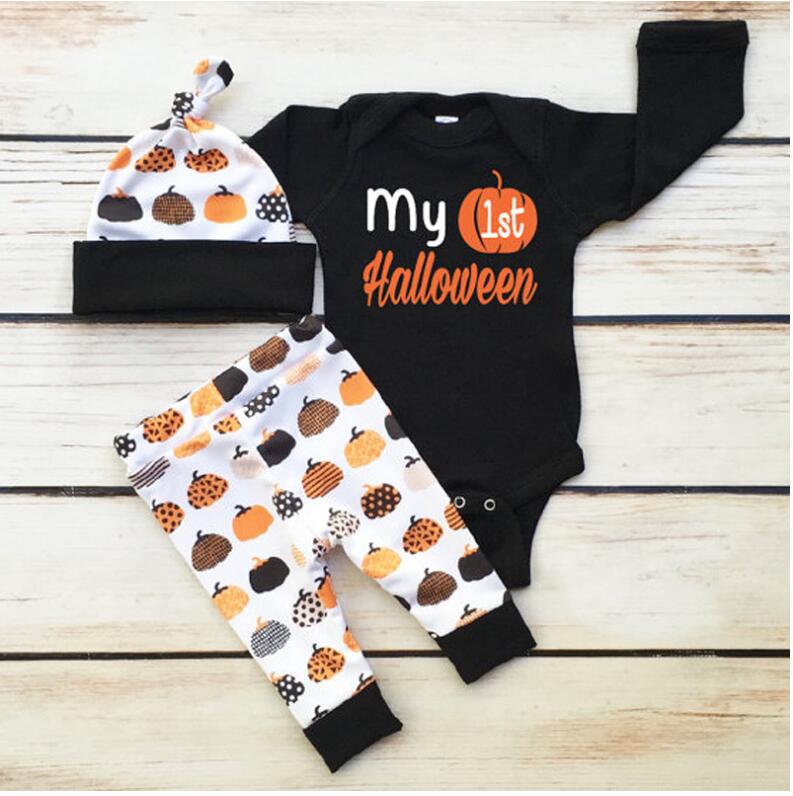 

Baby Boy Halloween Pumpkin Rompers Kids Autumn Cotton Blends Bodysuit Long Sleeve Jumpsuits Three pieces Fashion Children Bloomers Clothes, As picture