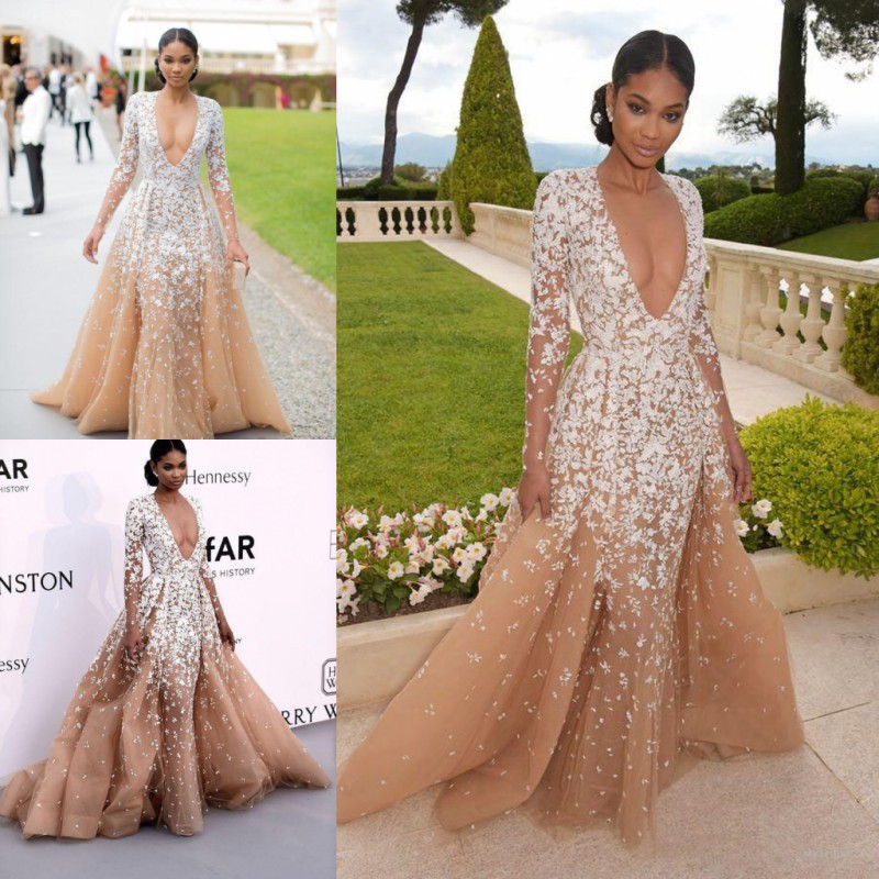 

Zuhair Murad 2017 Deep V Neck Prom Dresses Champagne Color White Lace Appliques Illusion Long Sleeve Evening Gowns Formal Party Dresses, Gold