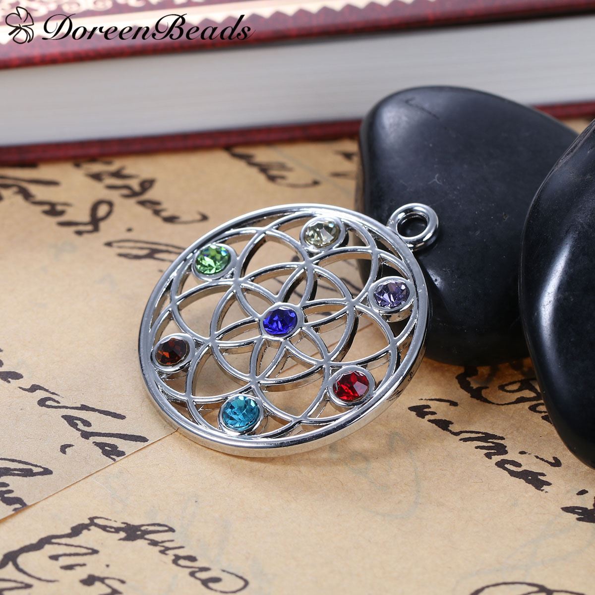 Seed Of Life Pendants Round Silver Tone Multicolor Rhinestone Hollow 40mm(1 5/8")x 35mm(1 3/8"), 2 PCs 2016 new Free shipping jewelry maki