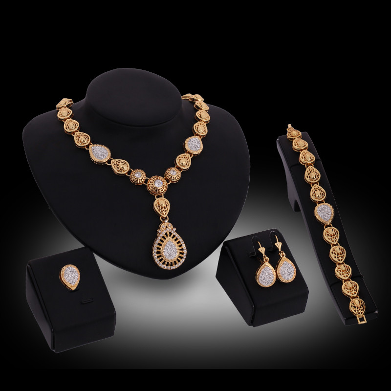 

Necklaces Earrings Bracelets Rings Sets Vintage Women Royal Style Rhinestone 18K Gold Plated Water Drop Wedding Jewelry 4-Piece Set JS142