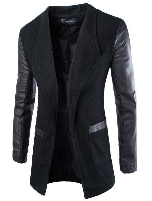 

Free shipping 2016 New Fashion Korean Style Men's Jacket Leather Cloth Sleeve Placket Long Coat Slim Woolen Coat Top Sales, Black