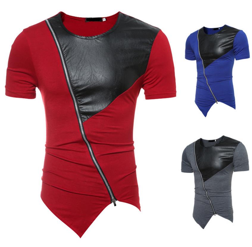 

Tshirt Men Panelled PU Leather Incline Zipper Pullover Shorts Sleeve Irregular Slim Fit Of Man Sports Tee Shirts Free Ship 2017, Blue