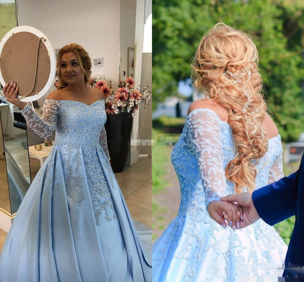 

Arabic Off Shoulder Prom Dresses Zuhair Murad Long Sleeve Sparkly Crystals Sky Blue Satin Plus Size Formal Occasion Dress Evening Gowns, Yellow