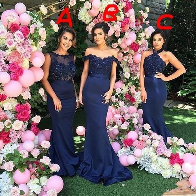 

Navy Blue Bridesmaid Dresses 2020 Sexy Mermaid Mixed Styles Lace Appliques Satin Long For Wedding Plus Size Party Dress Maid of Honor Gowns