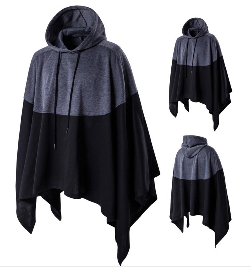 

Cape Cloak Men Black Gray Batwing Matching Color Patchwork Plus Size Hooded Drawstring Hoodies Coats Free Ship Blouse Mantle Personality, Multi
