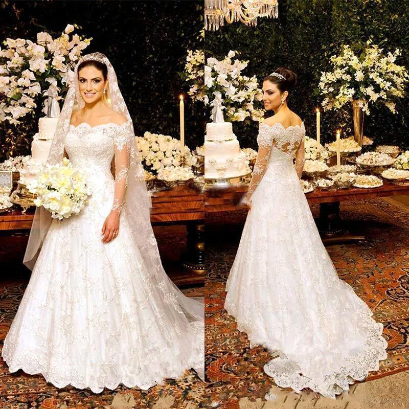 

2018 Spring Full Lace Wedding Dresses Long Sleeves Off the Shoulder Floor Length A Line Vestido De Novia Elegant Bridal Gowns, Silver