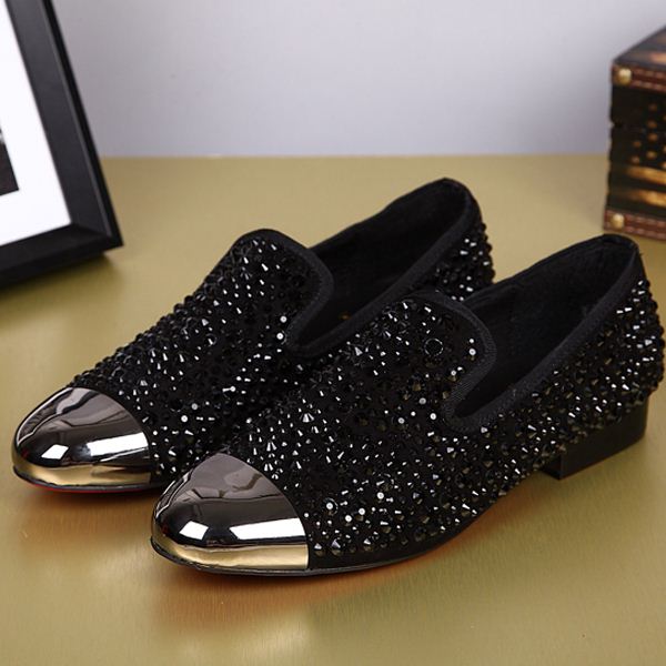 

New Fashion Men Shoes Leather Shoes Men's Flats Shoes Low men Oxford Shoes Rhinestone adornment Loafers for male, Black