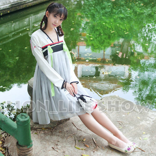 

Wholesale-Chinese Tang Dynasty Ruqun Hanfu Women Lolita Long Sleeve Chiffon Dress 2pcs 2 model wear