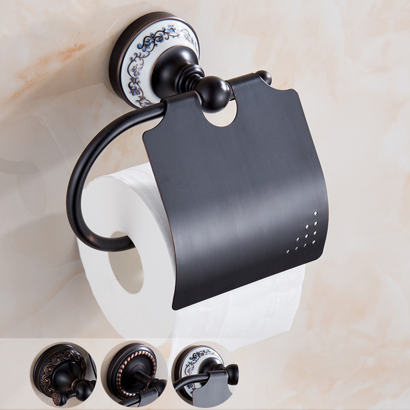 

Full Copper Black Toilet Paper Holder Tissue Roll Holder with Round Cermaic Base Vintage Bathroom Paper Holders