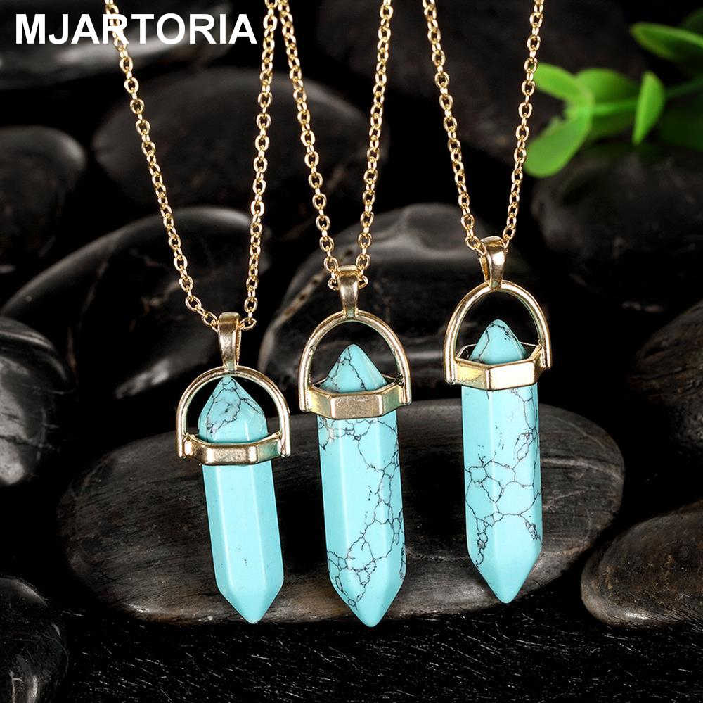 

Gem Quartz Crystal Hexagonal Bullet Pendants Natural Stone Necklace Stainless Steel Chains Fashion Fine Jewelry Gift For women men 24pcs lot