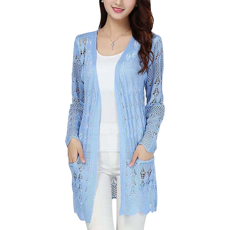 

Wholesale- Spring Summer New Long Sweater Women Korean Hollow Pocket Loose Coat Thin long-sleeved Jacket Knit Cardigan Vestidos LXJ040, Watermelonred
