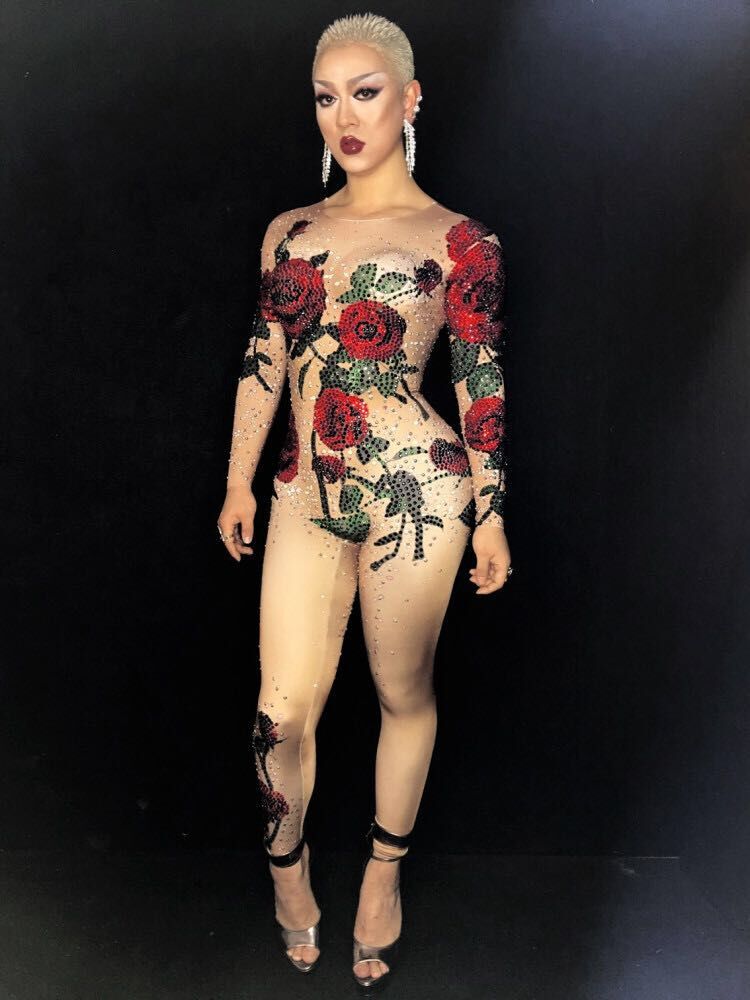 Women Jumpsuit female Bodysuit sexy costume Bright Crystals Rose Flower Rhinestones for singer dancer nightclub Stage dj Party performance-image-404396792