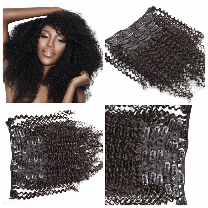 

Clip hair extension natural hair 7pcs/set Top Grade natural color Brazilian kinky curly Human Hair Extensions G-EASY freeship