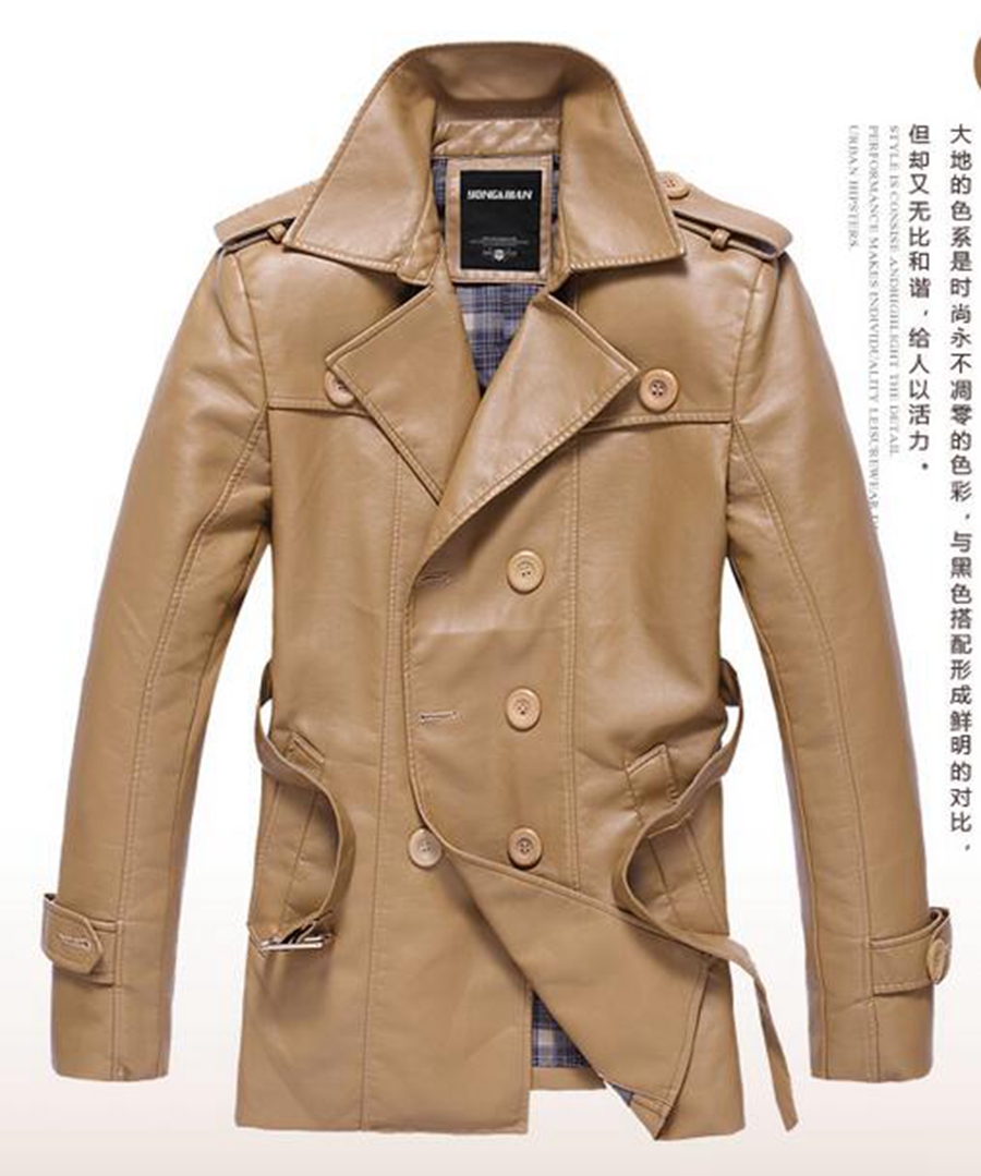 

Hot! Winter men's medium length clothing leather jacket men's clothing slim trench coat outerwear leather clothing plus velvet coat/-2XL, Black