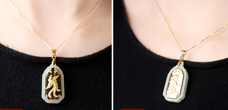 Pendentif porte-bonheur en jade incrusté d'or rectangle longfeng (amoureux). Pendentif collier.