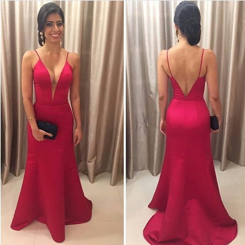 

Deep V Neck Satin Mermaid Evening Dresses Spaghetti Straps Backless Simple Red Prom Dresses Sweep Train