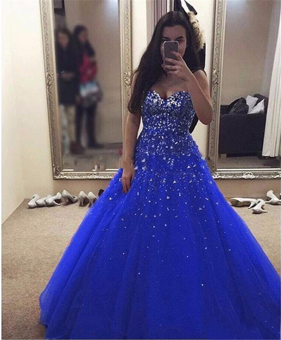 

Luxury Sexy Tulle Ball Gown Party Dress vestido de festa longo Royal Blue Sweetheart Crystal Beading Long Prom Dresses, Same as picture