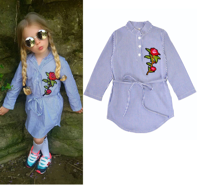 

2017 New Autumn Children Dresses Baby Girls Fashion Rose Flower Striped Blouse Dress Girl Long Sleeve Dress Free Shipping, As photo