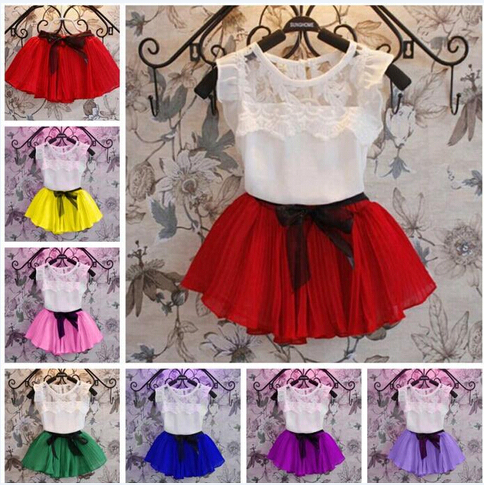 7 couleur bébé dentelle mousseline bowknot filles habillées costumes t-shirt en coton d'été dentelle + jupe courte 2 pcs costume vêtements pour e