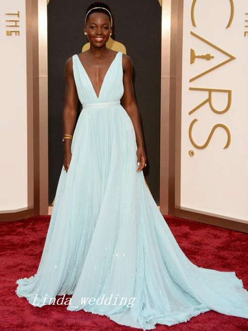 

Free Shipping Sexy Lupita Nyong'o Long White Evening Dress A-Line Princess Sleeveless V-Neck Chiffon Chapel Train Prom Dress, Light sky blue