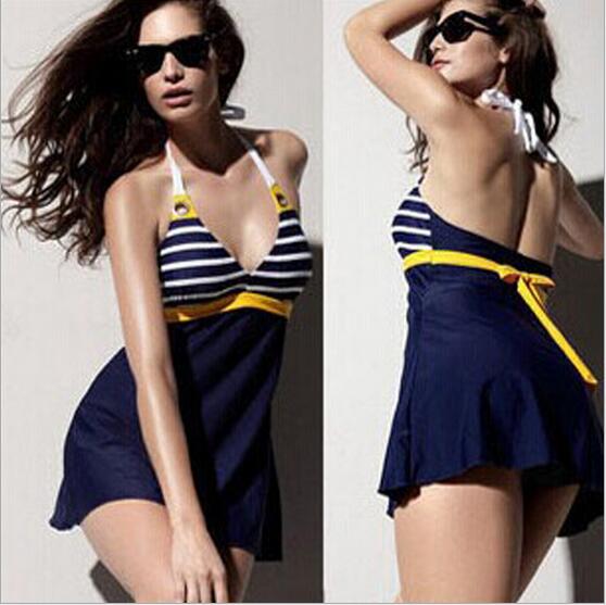 Navy wind stripe big yards swimsuit fashion women sexy slim one-piece stripe skirt swimwear swimsuit bathing suit M-XXL-image-380686934