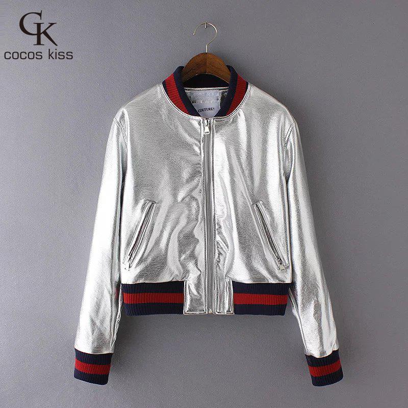 

Wholesale-Stylish Metal Textured Golden Silver Bright Bomber Pilots Jacket Coat Trendy Women Contrast Color Side Long Sleeve Outerwear Top, Gold
