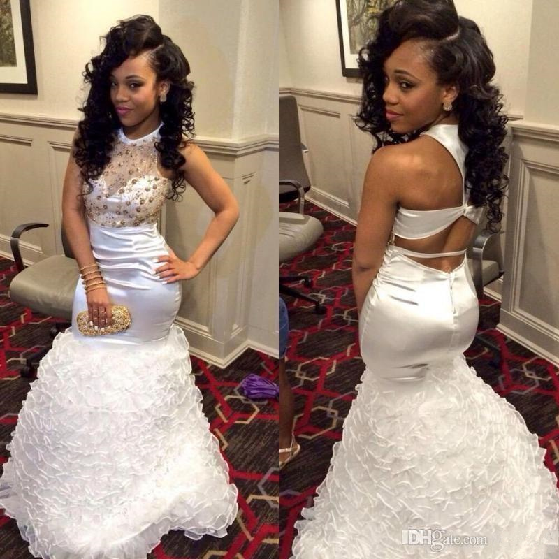 White and Gold Mermaid Prom Dresses Sheer Neck 2021 New Backless Ruffles Women Formal Dresses Evening Wear Floor Length Crystal Party Gowns-image-381211275