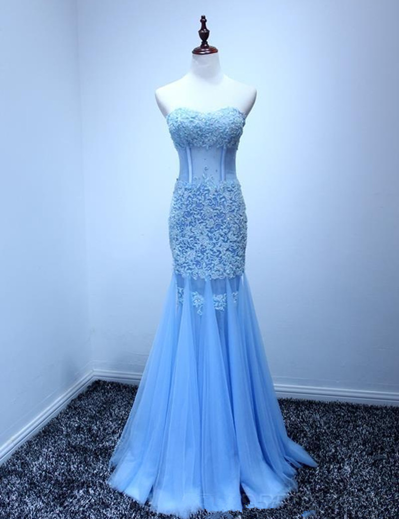 2019 New Sexy Style Light Blue Mermaid Evening Dress Strapless Beaded Appliques Lace Tulle Floor Length Party Gowns Custom Size