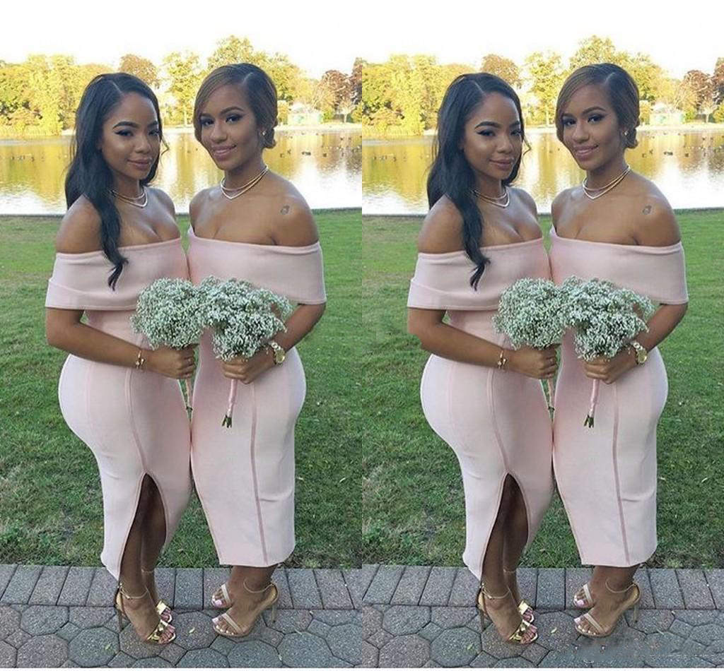 

South African Blush Pink Sheath Bridesmaid Dresses 2017 Sexy Off Shoulder Satin Side Split Prom Party Dresses For Wedding Plus Size Gowns