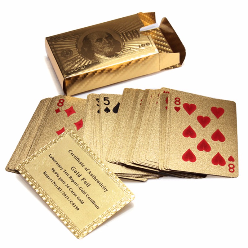 

Hot Selling Pure 24K Carat Novelty Certified Gold Foil Plated Poker Game Playing Cards w/ 52 Cards & 2 Jokers Special Gift