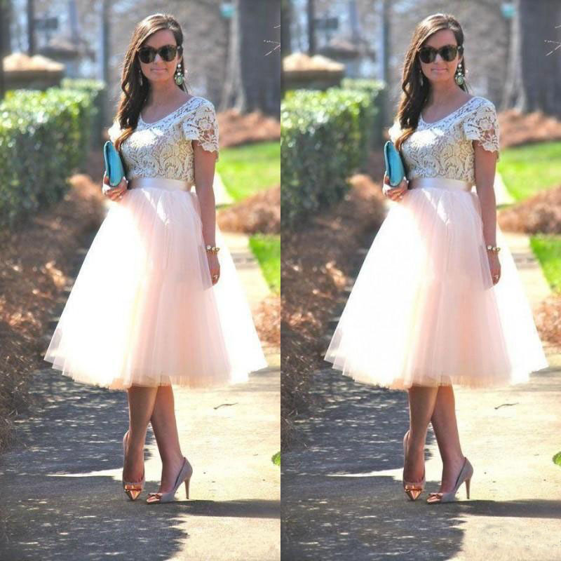 

Cheap Prom Party Dresses with Short Sleeves Lace Top Blush Tutu Skirts Tea Length Formal Evening Gowns Bridesmaid Dresses, Pink