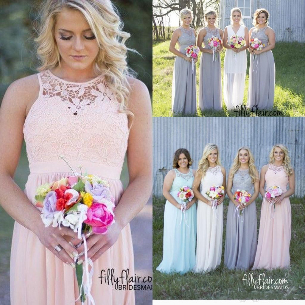 2019 New Country Style Cheap Bridesmaid Dresses Grey Blue Pink Ivory Lace Top High Waist Maternity Chiffon Long Summer Beach Dresses