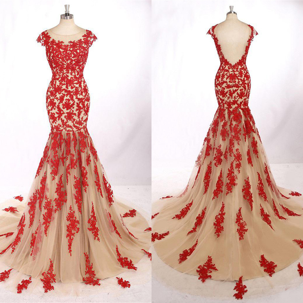 

Cap Sleeve Prom Dresses Formal Evening Gowns Dresses Robe De Soiree Longue Red Lace Applique Nude Sexy Backless Evening Dresses, Daffodil