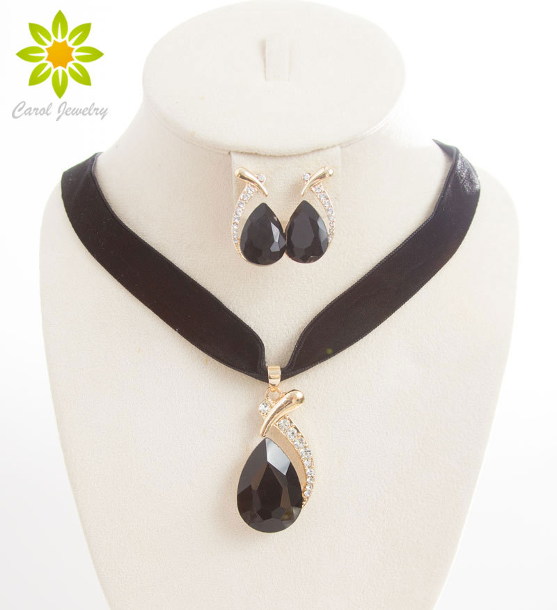 

Women Wedding Jewelry Sets Gold Filled Red/Blue/White/Black Austrian Crystal Chain Necklace Earrings Set