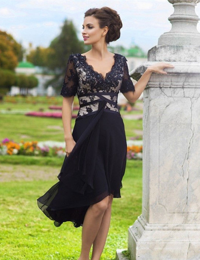 Fashion Short Navy Blue Mother of the Bride Dresses Short Sleeve Beaded Lace Chiffon Knee Length Women Formal Gowns Custom Made
