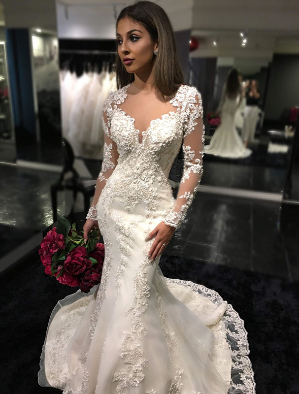 

2016 New Sexy Plus Size Mermaid Wedding Dresses Jewel Neck Lace Appliques Pearls Long Sleeves Tulle Sheer Back Court Train Bridal Gowns, White