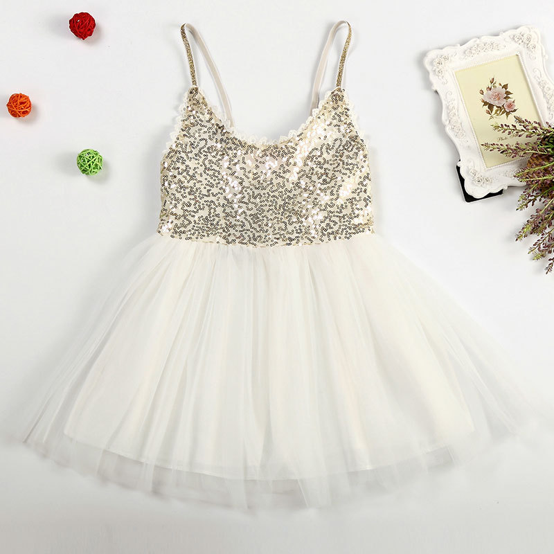 

summer Girls dress sequined harness children dress gauze Fashion sleeveless princess dress Lace party dress kids clothes wholesale, White