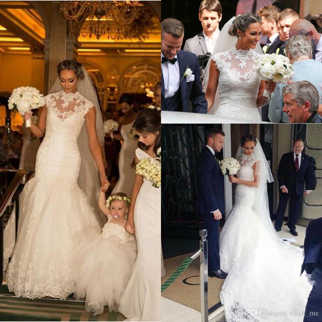 

full lace wedding dresses High Neck Sheer Neckline Mermaid Wedding Dress Cap Sleeves Sweep Train Elegant Vintage Beach Bridal Gowns, Same as image