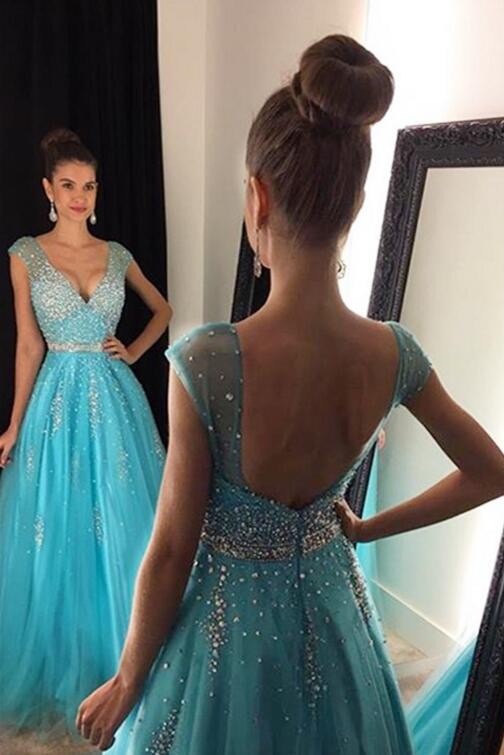 

Long Prom Dresses 2016 V Neck Cap Sleeves Sweep Train Tulle with Crystal Beading A-line Formal Gowns Backless Long Evening Dresses 2016, Light yellow