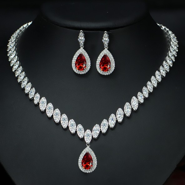 

Pure manual zircon ruby bride necklace earrings banquet set jewelry of ornaments, White