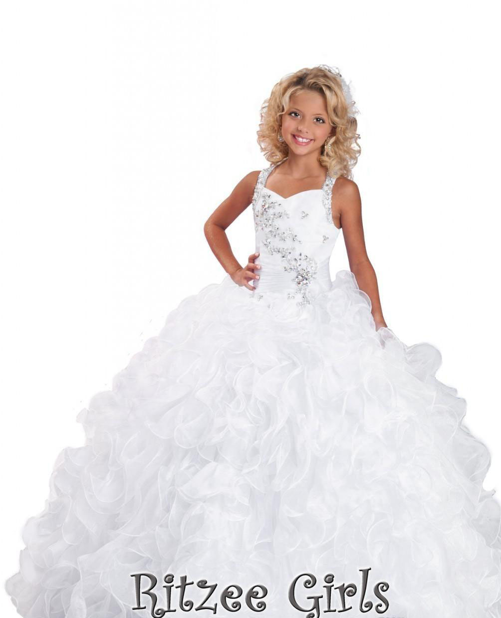 

White Girl's Pageant Dresses Beaded Ruffles Organza Ball Gown Floor Length Flower Girl Dress For Halloween, Gold