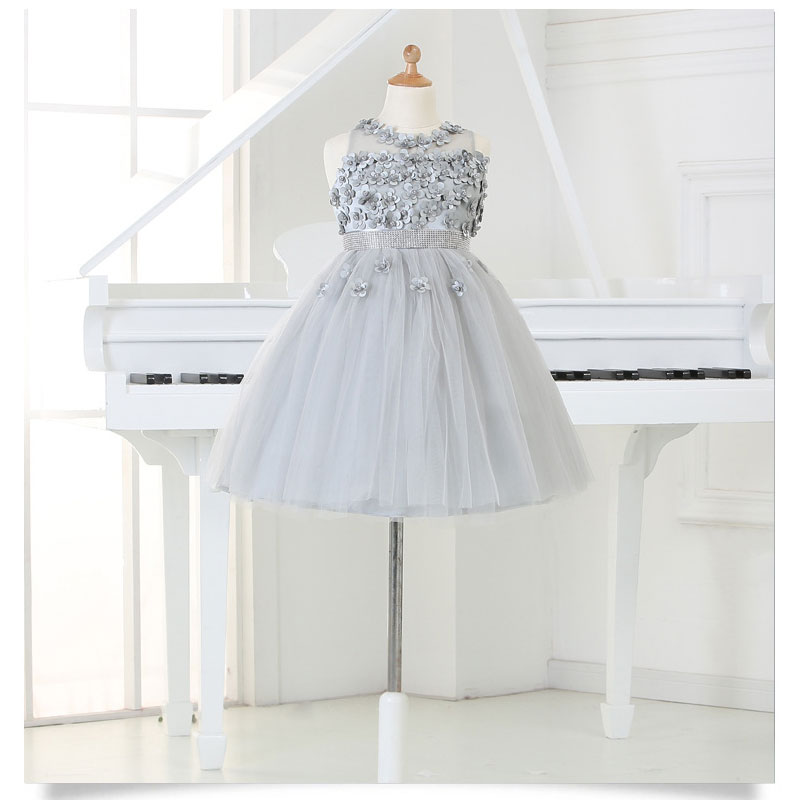 

2016 Grey Silver tulle Princess Girl Party Dresses Bead Appliques Tutu Kids Wedding Dress for Christmas Kids Birthday clothes 12M-11Y, Grey blue