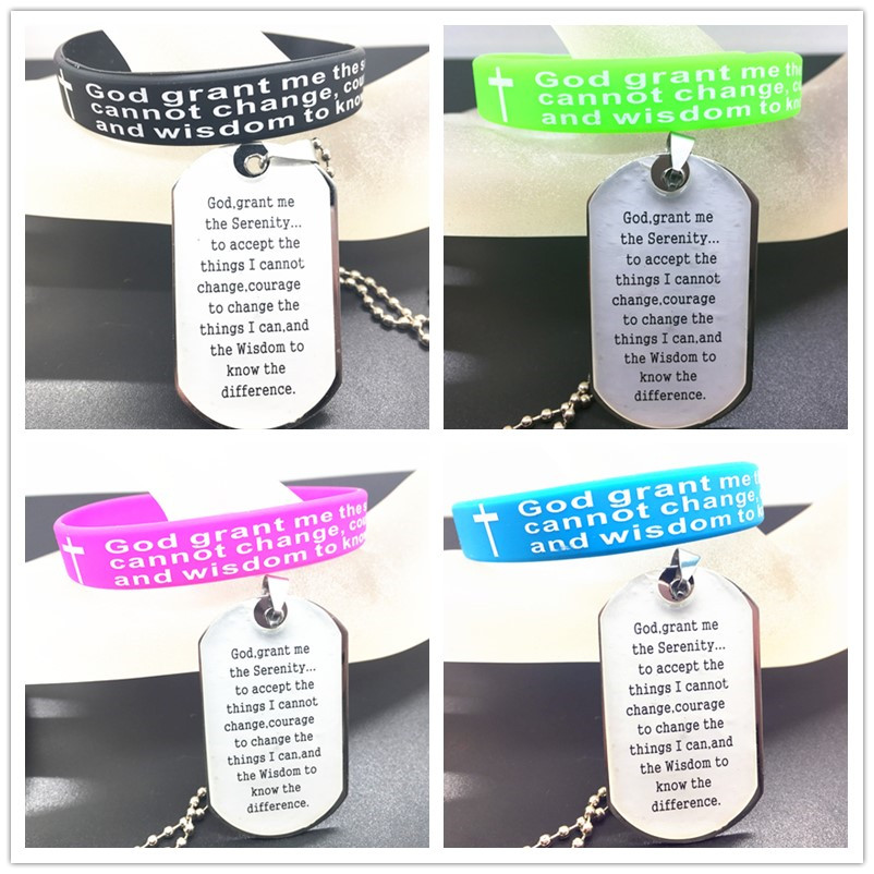 

Wholesale Set Jesus Christ English Cross Serenity Prayer Stainless steel Pendant Necklace With Elastic Silicone Cuff Bracelet (7colors), Silver