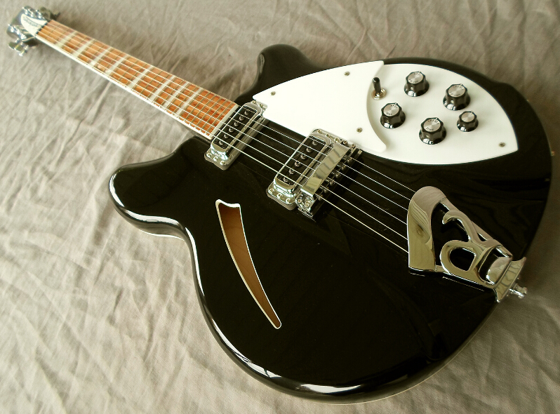 

Free Shipping John Lennon Jetglo 330 6 String Semi Hollow Body Black Electric Guitar Single Hole, White MOP Triangle Fingerboard Inlay