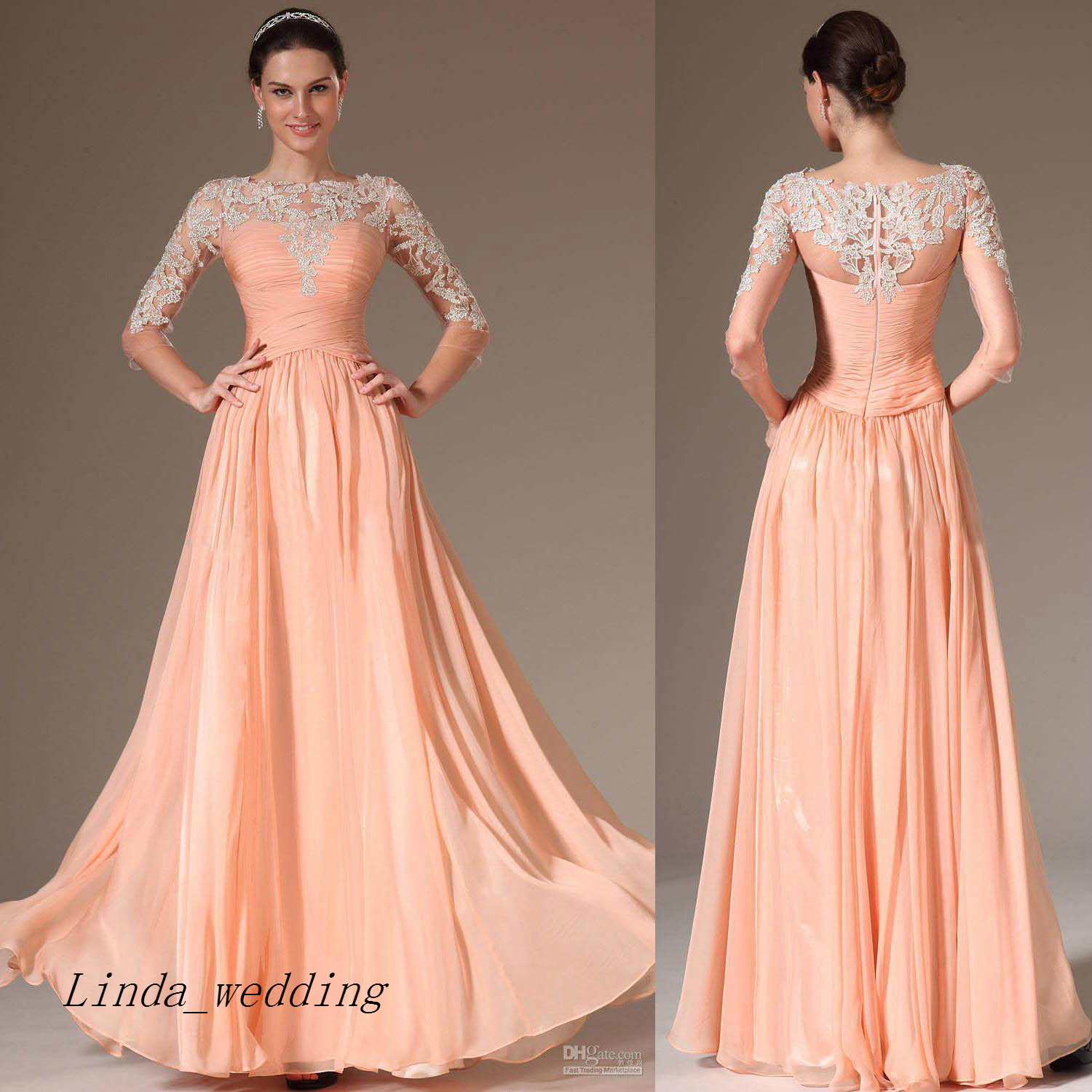 

Free Shipping Peach Evening Dress New A Line High Neck Chiffon Long Formal Party Gown With Sleeves, Orange