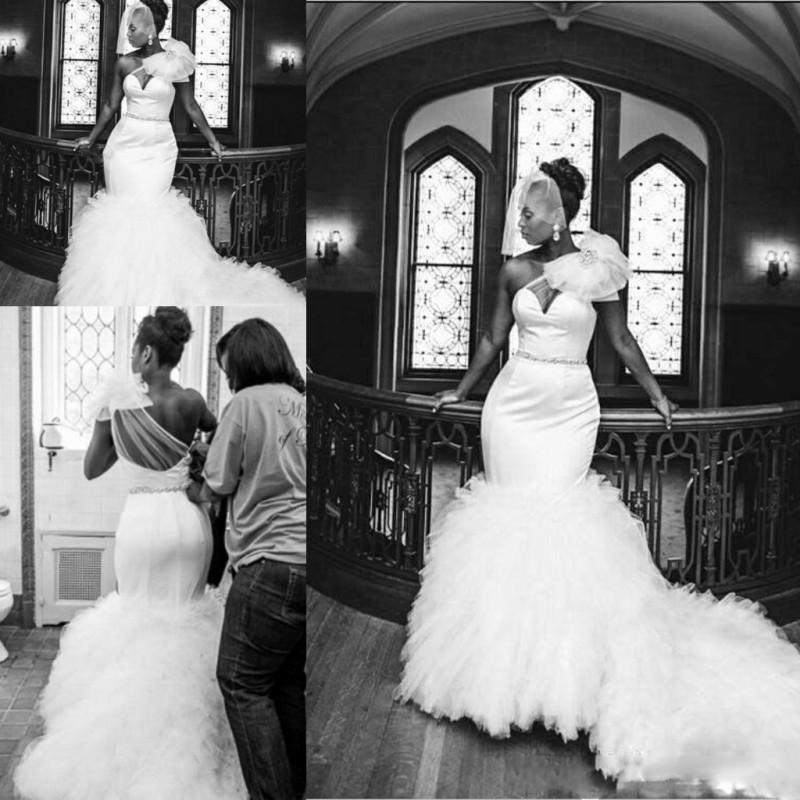 

Sexy One Shoulder Plus Size Wedding Dresses 2017 Sheer Neck Tulle Beaded Mermaid Court Train Bridal Gowns African Customized Wedding Dresses, White