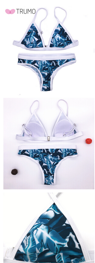 

New style flower pattern green leaf women bikini adjustable strap swimsuit low price Brazilian bathing suit padded bra swimwear, Blue